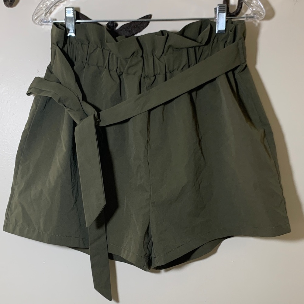 SHEIN Olive Green High-Waist Paperbag Shorts with Tie Belt